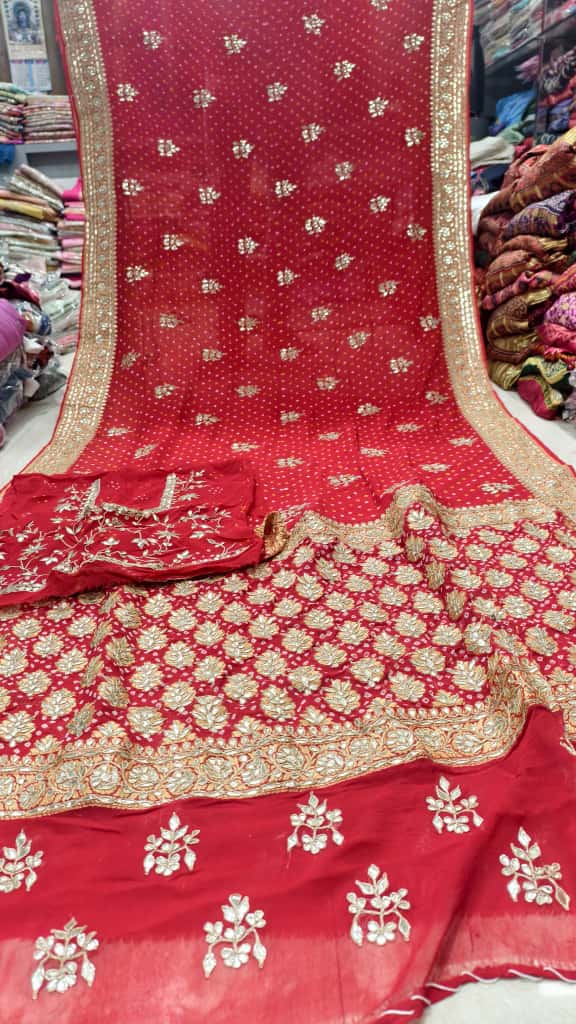 Pure Banarasi Georgette Hand Bandhej Saree
